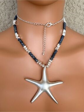 Beach Vibes Silver Starfish Pendant Necklace with Glass Faceted Beads